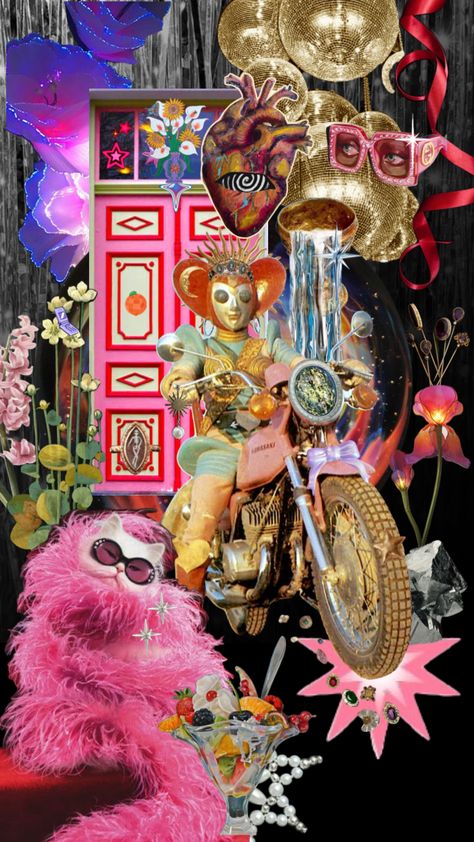 #maximalism #kitsch #camp #neon #aesthetic #art #retrofuturism #collageart #vibes #pink #moodboards Kitsch Aesthetic Fashion, Tacky Aesthetic, Kitsch Graphic Design, Maximalist Illustration, Kitsch Collage, Kitsch Painting, Neon Aesthetic Art, Campy Aesthetic, Pink Maximalism