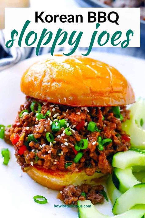 These Korean BBQ Sloppy Joe Sandwiches are such an easy 20 minute weeknight meal made with ground beef, korean bbq sauce, green onions, and red bell pepper, served on a hamburger bun! Korean Sloppy Joe Recipe, Korean Bbq Sloppy Joes, Korean Bbq Sandwich, Korean Sloppy Joes, Bulgogi Sandwich Recipe, Bbq Sloppy Joes, Korean Beef Recipes, Sloppy Joes Sandwich, Korean Bbq Beef