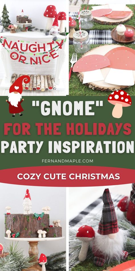 Gnome Christmas Food, Gnome Christmas Party Theme, Gnome Christmas Party Ideas, Gnome Tablescape, Gnome Christmas Party Games, Gnome Party Games, Gnome Party Ideas, Gnome Desserts, Home For The Holidays Theme