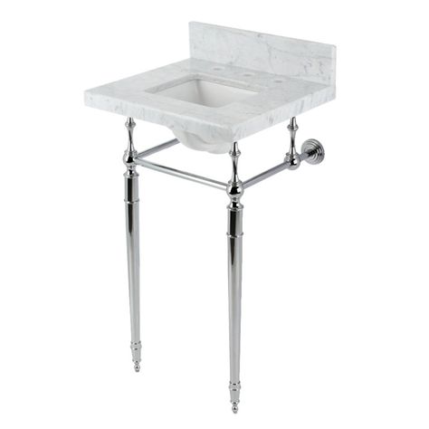 Kingston Brass Edwardian Marble White/Polished Chrome Metal Rectangular Console Bathroom Sink with Overflow | Wayfair Marble Console Sink, Console Bathroom Sink, Carrara Marble Countertop, Console Sink, Marble Console, Brass Sink, Brass Legs, Plumbing Bathroom, Marble Counter