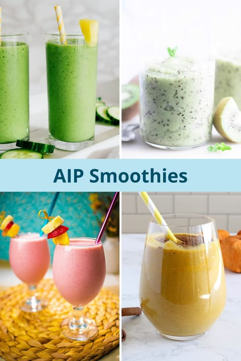 Here's a collection of 12 AIP Smoothies you can make in just a few minutes. They are packed with flavors and incredibly easy to make. Perfect for those who are looking for a quick and nutritious AIP breakfast option. Simple Aip Breakfast, Hashimotos Smoothie Recipes, Aip Protein Shake, Aip Smoothies Breakfast, Aip Mexican Recipes, Auto Immune Protocol Diet, Aip Smoothie Recipes, Aip Recipes Breakfast, Aip Breakfast Ideas