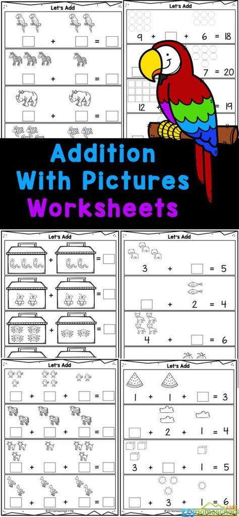 Help your kindergarten students understand addition with these free printable addition with pictures worksheets for kindergarten! These adding with pictures worksheets are designed to visually teach adding by counting objects, these math worksheets make practice fun and engaging. Simply print and start practicing today! Free Printable Addition Worksheets, Free Addition Worksheets Kindergarten, Free Math Worksheets Kindergarten, Addition With Pictures, Addition Up To 20, Math Worksheets For Kindergarten, Free Addition Worksheets, Summer Math Activities, Preschool Pictures