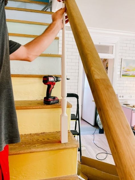 How To Install Banister Railings, Installing Stair Railing, How To Build A Stair Railing, How To Install Stair Railing, Install Stair Railing, Diy Staircase Railing, Replace Stairs, Craftsman Staircase, Refinish Stairs