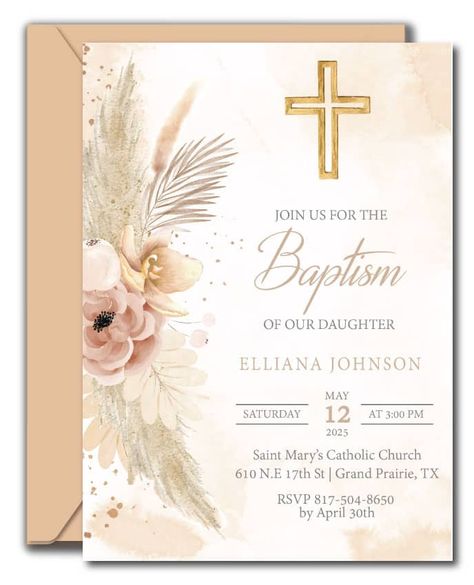 Boho Baptism Invitations Boho Baptism Decorations, Baptism Theme Ideas, Baptism Invitation Card, Baptismal Invitation, Boho Baptism, Vintage Baptism, Baptism Decorations Girl, Bautizo Ideas, Baptism Invitation Template