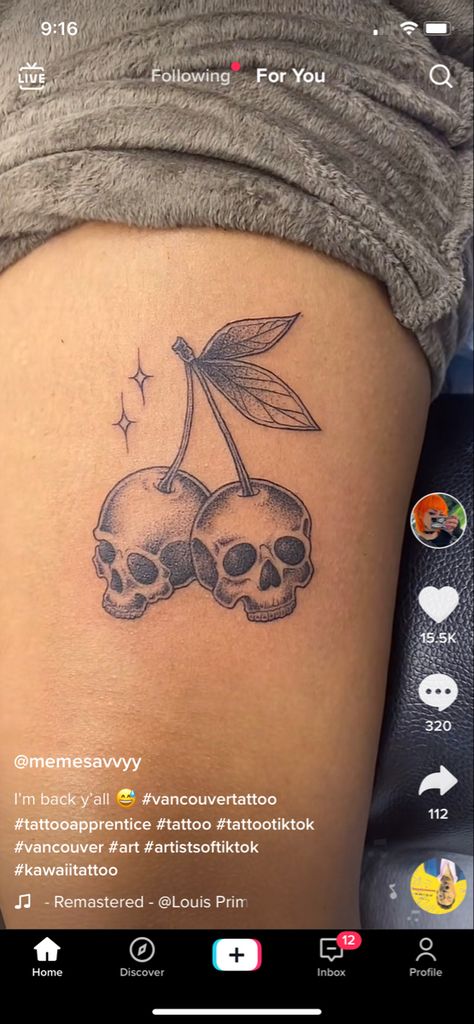 Disco Skull Tattoo, Skull Cherries Tattoo, Cherry Skull Tattoo, Tattoo Nick, Apprentice Tattoos, Black Cherry Tattoo, Skull Cherries, Cherry Tattoo, Earthy Tattoos