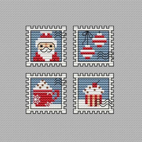 Christmas Postage Stamps, Primitive Cross Stitch Patterns, Santa Cross Stitch, Cocoa Christmas, Tiny Cross Stitch, Color Graphing, Beautiful Cross Stitch Pattern, Cross Stitch Christmas, Small Cross Stitch