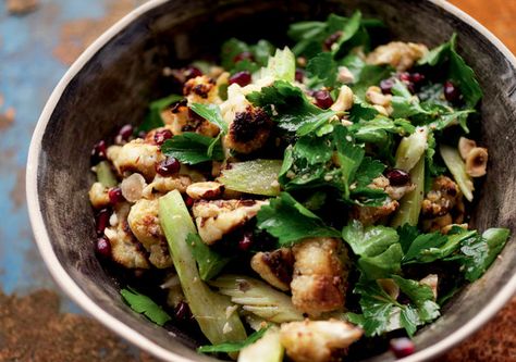 Roasted Cauliflower, Hazelnut and Pomegranate Seed Salad Cauliflower Pomegranate, Hazelnut Salad, Yotam Ottolenghi Recipes, Cauliflowers, Celery Salad, Seed Salad, Ottolenghi Recipes, Pomegranate Salad, Vegetarian Thanksgiving