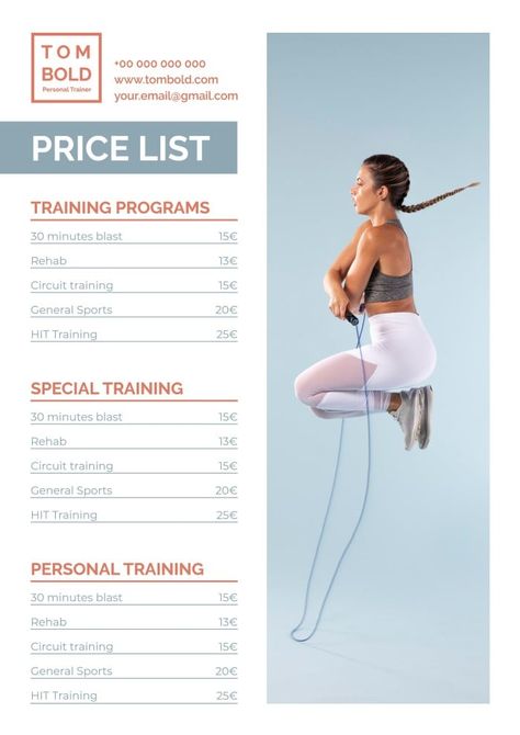 Professional Duotone Tom Bold Personal Trainer Price List Price List Layout, Price List Template, Brand Kit, List Template, Price List, Business Branding, Free Graphic Design, Personal Trainer, Design Your Own