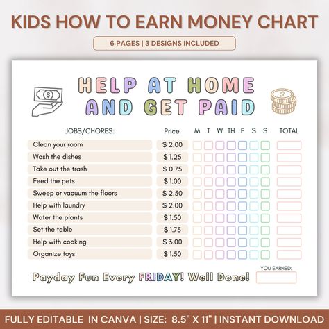 Discover a fun and practical tool designed to teach kids about earning and managing money. With 6 pages and 3 unique designs, this editable and printable chore chart offers a customizable solution to motivate and organize your child's responsibilities. This How To Earn Money Chore Chart is perfect for helping kids understand the value of work and reward, making it an essential addition to any household or educational environment. 📱 Compatibility: To unlock the full potential of these charts, yo Money Chore Chart For Kids, Money Chore Chart, Allowance Chore Chart, Responsibility Chart For Kids, Financial Skills, Kids Responsibility Chart, Allowance For Kids, Daily Chore Charts, Teaching Responsibility