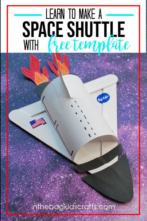 This space shuttle craft starts with a few popsicle sticks. Simple as that. Free template available. And this kids craft is part of a larger collection of space crafts that you will love, including an astronaut and alien. #spacecrafts #easykidscrafts #popsiclecrafts #kidscrafts Preschool Astronaut Craft, Out Of This World Crafts, Space Rocket Craft For Kids, Astronaut Template Free Printable, Space Camp Ideas, Astronaut Craft Preschool, Astronaut Activities For Kids, Diy Space Crafts, Space Projects For Kids