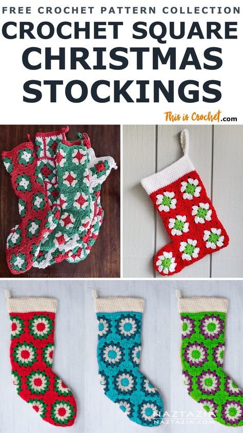 Christmas Stockings Made With Crochet Squares - This is Crochet Granny Square Christmas Stocking, Crocheting Christmas, Christmas Stocking Images, Diy Crochet Granny Square, Granny Square Stocking, Stocking Pattern Free, Crochet Christmas Stocking Pattern, Crochet Stocking, Christmas Stocking Ornament