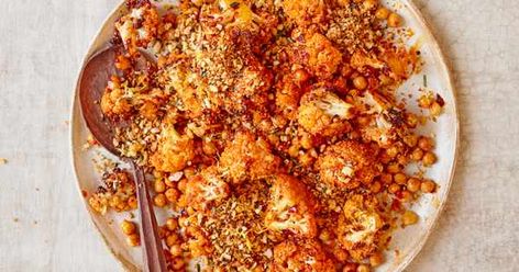 Cauliflower and Chickpea Salad with Harissa Recipe - olivemagazine Recipes With Tajin, Harissa Chickpeas, Harissa Recipe, Harissa Recipes, Halloumi Salad, Roasted Cauliflower Recipes, Warm Salad, Cauliflower Bites, Chickpea Salad