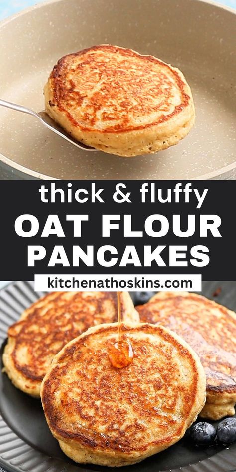 Oat Flour Pancakes are ultra soft and fluffy. It is a healthier pancake recipe that uses just 2 tablespoons of butter for the entire batch. For a gluten-free option, swap in gluten-free oats. Oat Flour Buttermilk Pancakes, Oat And Almond Flour Pancakes, Pancakes With Flaxseed Meal, Best Oatmeal Pancake Recipe, Gluten Free Oat Pancake Recipe, Oatmeal Flour Recipes Baking, Fluffy Oat Flour Pancakes, Recipes Using Oat Flour Baking, Pancakes Made With Oat Flour