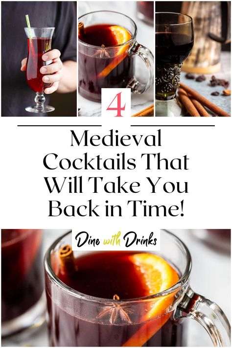 Collage of 4 medieval cocktails. Lord Of The Rings Alcoholic Drinks, Medieval Feast Recipes, Viking Dinner Party, Medieval Cocktails, Medieval Recipes Middle Ages, Middle Ages Recipes, Fantasy Themed Cocktails, Dnd Drinks Recipes, Medieval Food Ideas