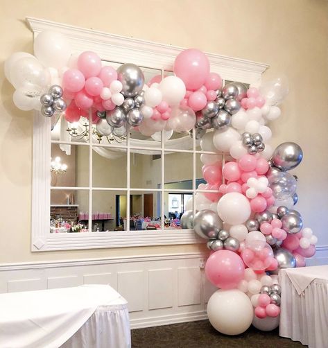 Pink White Silver Balloon Garland, Pink And Silver Balloon Garland, Silver And Pink Party, Birthday Hotel Party, Pink And Silver Birthday Party, 30th Birthday Party Women, Dekoracija Stola, Pink And White Birthday, Birthday Hotel