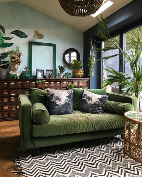 Green sofa and accents, plants and vintage library chest in this eclectic living room. Green Couches, Green Couch, Eclectic Modern, Ideas Hogar, Eclectic Living Room, Green Sofa, A Living Room, Eclectic Home, Eclectic Decor