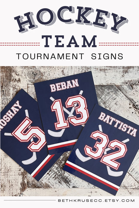 These hockey team signs show your team spirit and make your players each feel like the MVP! Personalized with Team Logo and Colors along with Player Name and Number. Each sign coordinates with the team jersey. Order PDF files to print yourself or have us print, cut and laminate for a special keepsake! Hockey Poster Ideas Signs, Hockey Tournament, Hockey Posters, Hockey Tournaments, Youth Hockey, Hockey Mom, Hockey Team, Team Jersey, Hockey Teams