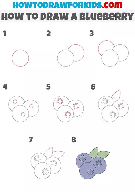 Berries Drawing Simple, How To Draw A Blueberry, How To Draw A Fruit, How To Draw A Strawberry Step By Step, Berry Drawing Simple, How To Draw Food Easy, How To Draw Fruit Step By Step, Step By Step Drawings Easy, Blueberry Drawing Simple