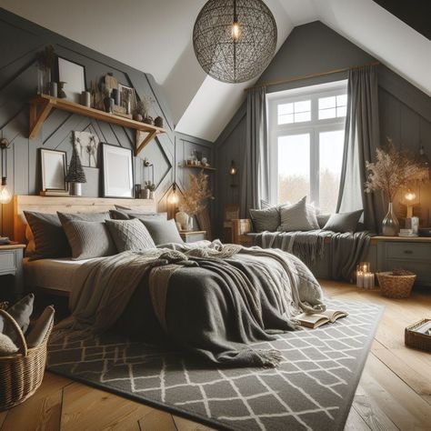 Grey Bed Styling Ideas, Cozy Bedroom Grey Bed, Grey Bedroom With Accent Wall, Grey Bed Bedroom Ideas, Bedroom Ideas Grey Bed, Grey Boho Bedroom, Dark Grey Bedroom Ideas, Grey Bedroom Decor Ideas, Dark Grey Bedroom