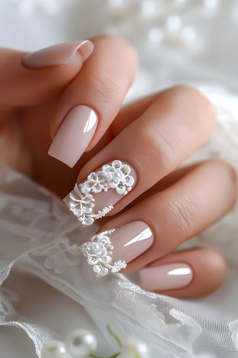 Make your nails pretty with pale ivory and lace flower charms. Follow us for more cool nail art ideas. Visit our blog on the bride’s ultimate guide to perfect wedding nails...Simple Summer Nails | Wedding Day Nails | Nails Design Summer | Elegant Nails | Trendy Nails | Nails With Charms | Nails 2024 Summer | Elegant Touch Nails | Nails Summer 2024 | Nails Elegant Classy | Minimalist Nails | Almond Nails | Nails Easy | Nails Inspo 2024 | White Nails | Nails Design | Nails Design With Rhinestones Summer Elegant Nails, Minimalist Nails Almond, Nails Elegant Classy, Summer Nails Wedding, Nails Simple Summer, Charms Nails, Ivory Nails, Nails With Charms, Wedding Nail Designs