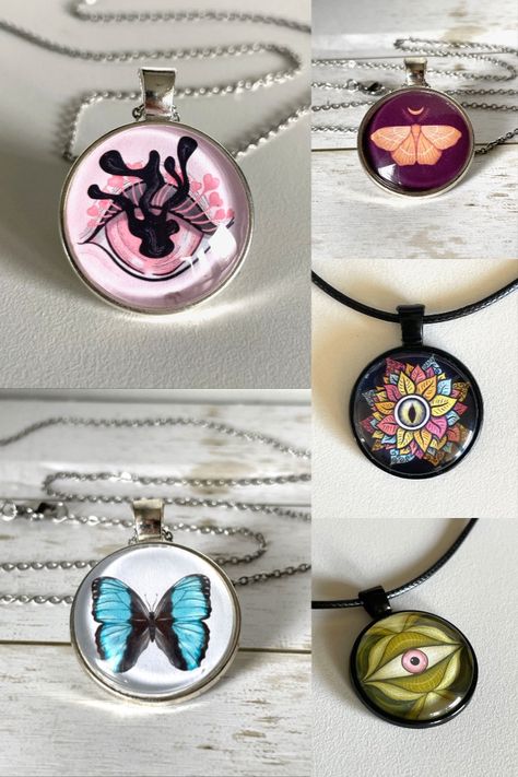 Collage of 5 cabochon necklaces with weird eyes and butterflies Cabochon Necklace Diy, Decoupage Glue, Cabochon Necklace, Diy Pendant Necklace, Crafts Jewelry, Cabochon Jewelry, Cabochon Pendant, Jewelry Pendant, New Post