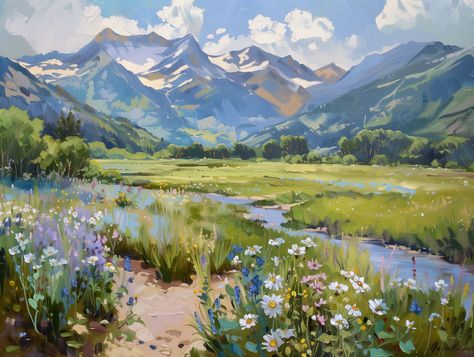 This enchanting giclee print captures the vibrant spirit of a mountain valley in full bloom. Lush meadows carpeted with wildflowers burst with color, their delicate petals swaying in the gentle breeze. The brushstrokes and vibrant palette create a breathtaking panorama, with towering snow-capped peaks reaching towards the heavens. A crystal-clear river meanders through the landscape, reflecting the vibrant hues of the wildflowers and the majestic mountains. This exquisite print is an ode to the Cute Scenery Painting, Landscape Artist Of The Year, Mountain Aesthetic Landscape, Heavenly Landscape, Paintings Of Mountains, Mountain And Flowers Painting, Mountains And Flowers Painting, Valley Drawing, Mountain Valley Painting