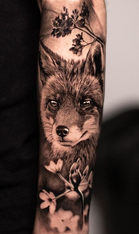 Black And Gray Fox Tattoo, Fox Portrait Tattoo, Fox Tattoo Forearm, Fox Floral Tattoo, Fox Hand Tattoo, Black And Grey Fox Tattoo, Fox Tattoo Realistic, Fox Tatoos Design, Fox Arm Tattoo