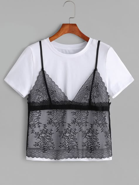 Shop Contrast Floral Lace Cami Overlay T-shirt online. SheIn offers Contrast Floral Lace Cami Overlay T-shirt & more to fit your fashionable needs. Festival T Shirts, Lace Tee, Lace Cami Top, Lace Camisole, Mode Inspo, Lace Cami, Looks Style, Monokini, Lace Sleeves