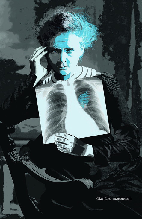 Ivan Canu illustrated a portrait of double Nobel Prize-winner Marie Curie for Cromosomaxx, an independent, international, experimental non-profit project formed by a group of illustrators to pay tribute the most important women in the history of science. Marie Curie Drawing, Marie Curie Aesthetic, Marie Curie Poster, Marie Curie Art, Radiology Student, Famous Scientist, Marie Curie, History Of Science, Nobel Prize