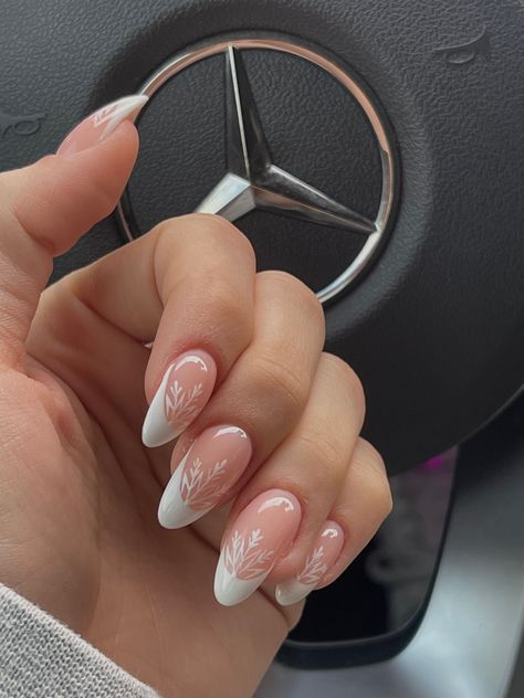 Snowy French Tip Nails, White French Tip Snowflake Nails, Light Blue French Tip With Snowflake, Snowflake French Manicure, White French Tips With Snowflakes, French Nails With Snowflake, French Tip With Snowflake, White French With Snowflakes, Snowflake French Tip Nails