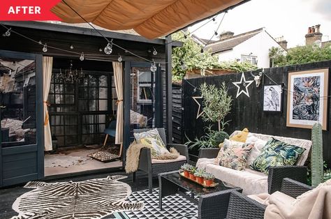 Black Painted Patio, Boho Outdoor, Cozy Rugs, Painted Patio, Outdoor Living Room, Outdoor Patio Decor, Small Outdoor Spaces, Patio Spaces, Home Upgrades