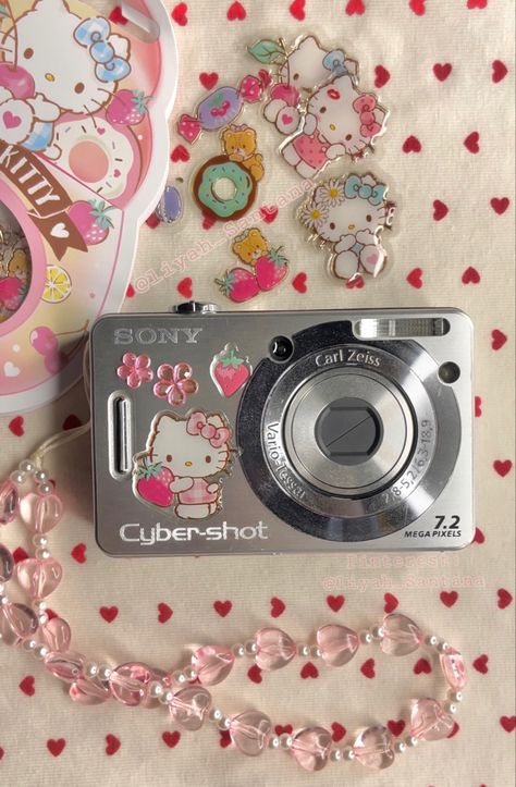 Hello Kitty Mirror Selfie, Digital Camera Aesthetic Stickers, Stickers On Digital Camera, Hello Kitty Digital Camera, Digi Cam Decoration, Stickers On Camera, Camera With Stickers Aesthetic, Digital Camera With Stickers, Camera Decorations Sticker