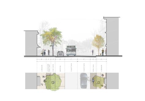 Street Section Architecture Urban Design, Architectural Street Section, Street Section Diagram, Architecture Street Section, Urban Design Section Drawing, Road Section Architecture, Street Cross Section, Streetscape Section, Street Section Sketch