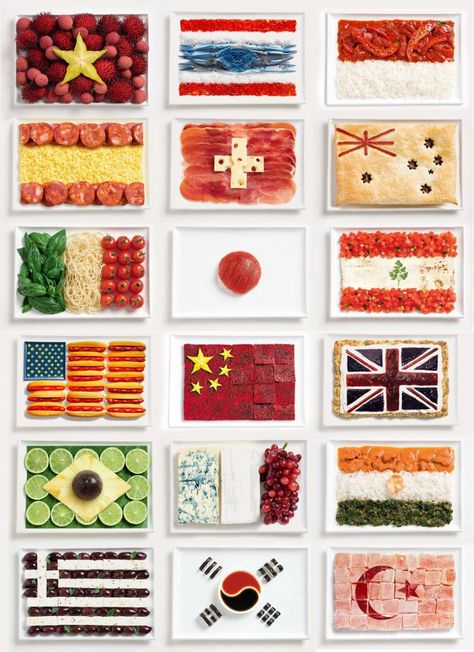 Flags of the world in their cuisine. Awesome idea but lots of work. But then fun to eat. World Cup Party Ideas, Cup Party Ideas, World Cup Party, Flag Food, International Party, World Party, Flags Of The World, 9th Birthday, Food Festival