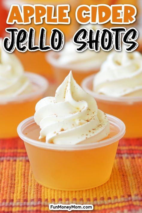 These apple cider Jello shots with Fireball Whiskey are a delicious and boozy sweet treat that's perfect for apple season. It's a boozy treat that'll bring plenty of extra festive fun to all your fall parties! Carmel Vodka Jello Shots, Bourbon Pudding Shots, Bacardi Jello Shots Recipes, Jello Shots With Fireball, Apple Cider Shots, Shots With Fireball, Thanksgiving Jello Shots, Fall Jello Shots, Apple Cider Jello Shots