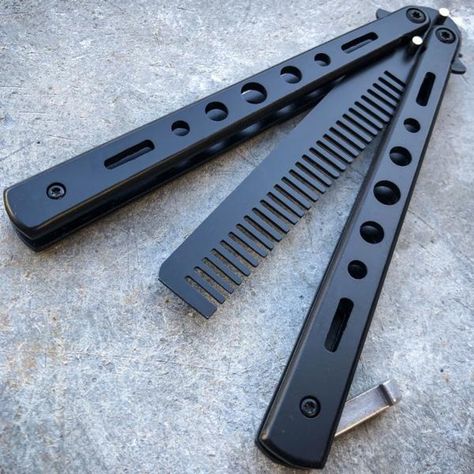 Practice BALISONG BUTTERFLY Trainer Comb Brush Knife BLADE BLACK Butterfly Knives, Knife Aesthetic, Comb Design, Knives Hunting, Butterfly Knife, In Sha Allah, Pocket Knives, Hunting Knife, Black Clover