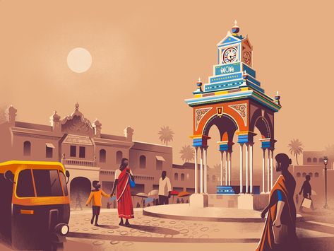 Clock tower - Mysore by ranganath krishnamani on Dribbble Ranganath Krishnamani, Coffee Shop Photography, Shop Photography, Wood Slice Art, Watercolor Architecture, Creative Poster, Urban Furniture, Creative Poster Design, Change Image