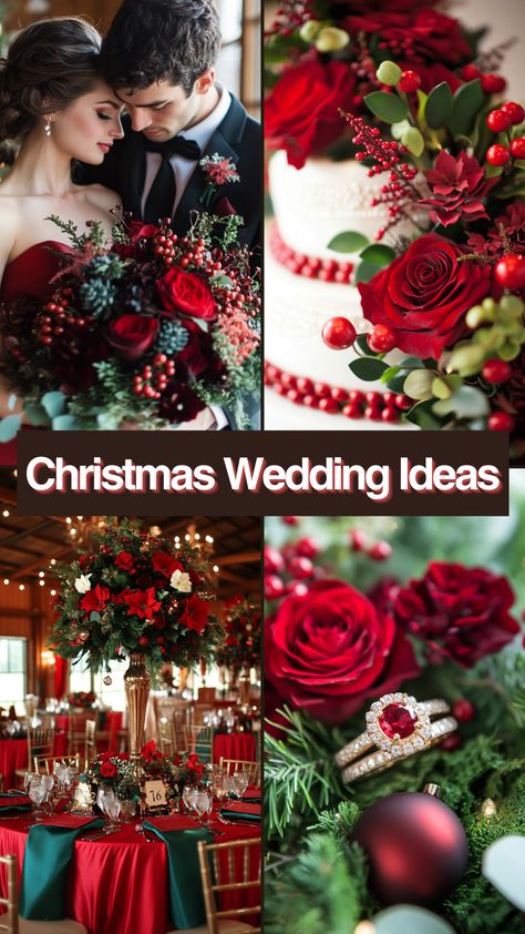 Festive Christmas wedding decorations with red and green accents, featuring elegant centerpieces and bridesmaid dresses. Elegant Christmas Wedding Ideas, Creative Invitation Design, Elegant Christmas Wedding, Christmas Wedding Themes, Christmas Wedding Ideas, Christmas Berries, Creative Invitations, Christmas Rose, Green Bridesmaid