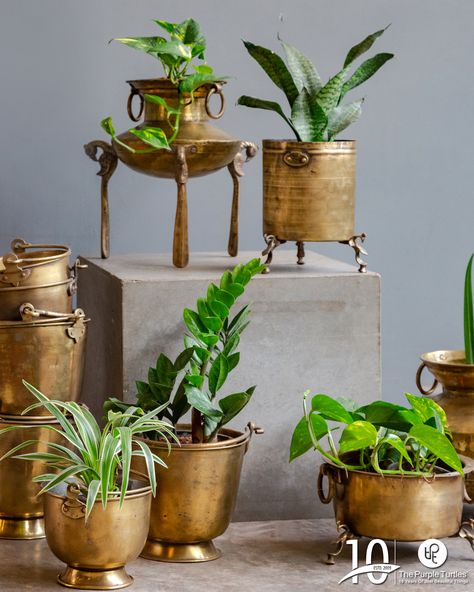 Copper And Brass Decor, Brass Room Decor, Indian Touch Interior, Brass Pots Decor, Brass Home Decor Indian, Brass Antique Decor, Brass Planters Indian, Indian Brass Decor Ideas, Brass Items Home Decor