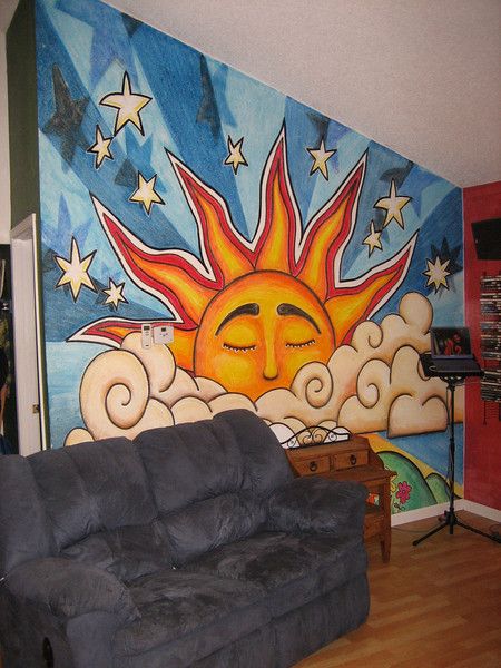 I love those clouds! Spiritual Wall Mural, Hippie Wall Painting, Spiritual Paintings Easy, Trippy Wall Mural, Sun Mural, Trippy Painting, Hippie Painting, Wall Murals Painted, Cute Canvas Paintings