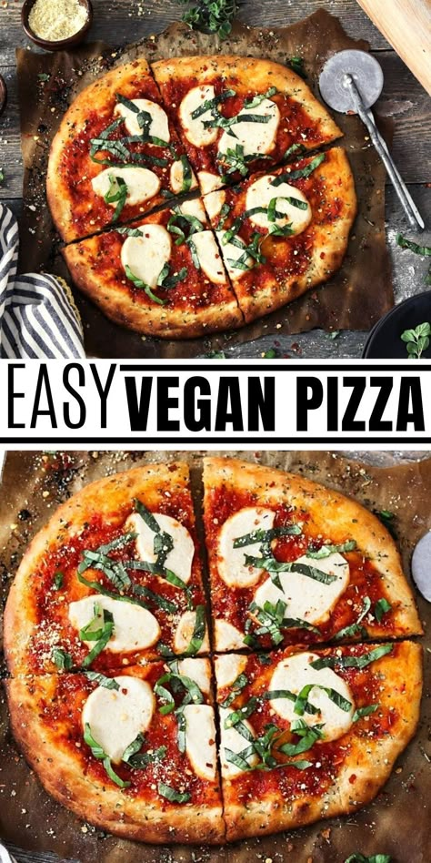 This Vegan Pizza Recipe is so easy to make and will be on your table in just one hour (or less). With the most delicious crust that is crispy on the outside and fluffy on the inside! It'll be a sure hit! #veganhuggs #veganpizza #pizza Easy Vegan Pizza, Vegan Pepperoni Pizza, Vegan Pizza Dough, Plant Based Pizza, Vegan Pepperoni, Vegan Pizza Recipe, Healthy Pizza Recipes, Pizza Making, Healthy Pizza