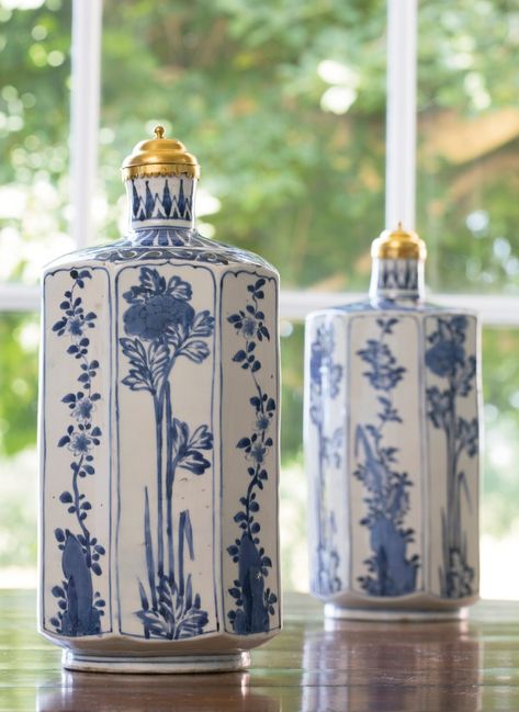 Two Japanese blue and white porcelain hexagonal bottles and later brass covers the porcelain late 17th/early 18th century White Gucci Bag, Blue Willow Dishes, Group Of Four, Bakelite Bracelets, White Ginger Jars, Blue White Decor, Antique Perfume Bottles, Chinese Vase, Antique Perfume