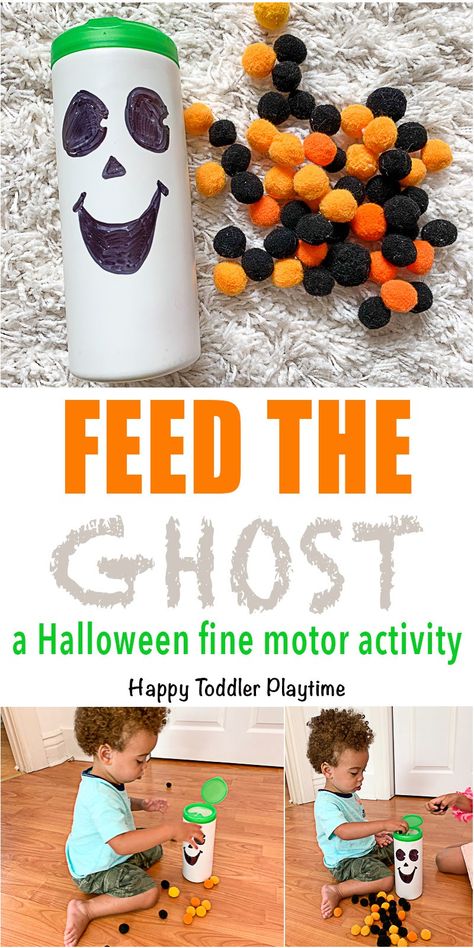 Feed the Ghost Fine Motor Activity - HAPPY TODDLER PLAYTIME Create a fun Halloween fine motor toddler activity using recycled materials and pom poms! It's a great not too scary Halloween activity for little ones! #halloweenactivities #toddleractivity #pompoms Halloween Fine Motor, Halloween Activities For Toddlers, Halloween Lesson, October Activities, Halloween Sensory, Fine Motor Activity, Halloween Week, Halloween Crafts For Toddlers, Halloween Activity