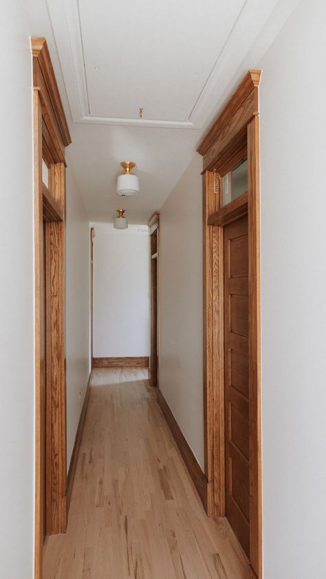 Julian Street - Victorian - Hall - Denver - by J Reiko Design + Co. | Houzz 90s Oak Trim, Wood Stain Trim Interior, Light Wood Floors Dark Trim, Updating Wood Trim, White Door Wood Trim, Floors With Oak Trim, Dark Trim White Walls, Home With Wood Trim, Wooden Trim Interior