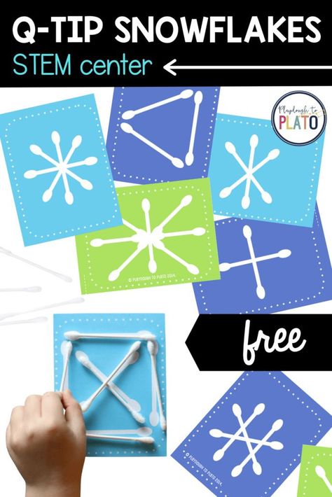 Check out this free Q Tip snowflake STEM activity! Perfect for Pre K and Kindergarten kids! Can be used in the classroom or at home. Great for an easy prep STEM center that students are sure to love and be engaged with. #STEM #winteractivity #prek #kindergarten #centerideas Snowflake Stem, Christmas Stem Activities, Winter Stem Activities, Winter Theme Preschool, Kindergarten Stem, Snowflake Paper, Playdough To Plato, January Activities, Winter Activities Preschool