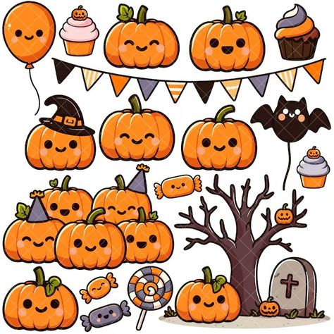 Pumpkin Kawaii, Halloween Stickers Printable, Kawaii Png, Kawaii Pumpkin, Imprimibles Halloween, Kawaii Valentine, Cricut Print And Cut, Party Png, Kawaii Christmas