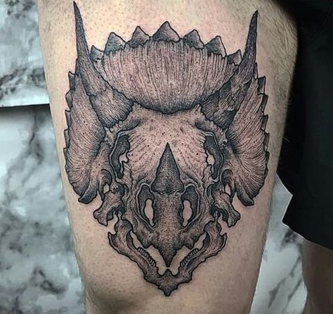 Dinosaur skeleton tattoo Skull Tattoo On Thigh, Triceratops Skull Tattoo, Dinosaur Skeleton Tattoo, Dinosaur Skull Tattoo, Triceratops Tattoo, Tattoo Dinosaur, Triceratops Skull, Tattoo On Thigh, Dinosaur Skull