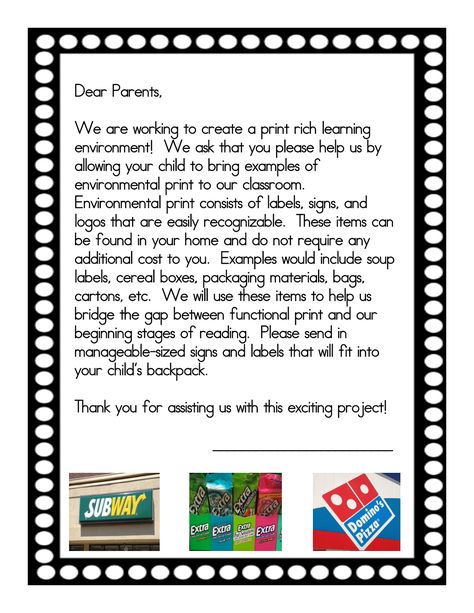 Environmental Print Letter.pdf - Google Drive Environmental Print Activities, Back To Kindergarten, Prek Literacy, Differentiated Kindergarten, Environmental Print, Preschool Language, Primary Ideas, Classroom Freebies, Preschool Literacy