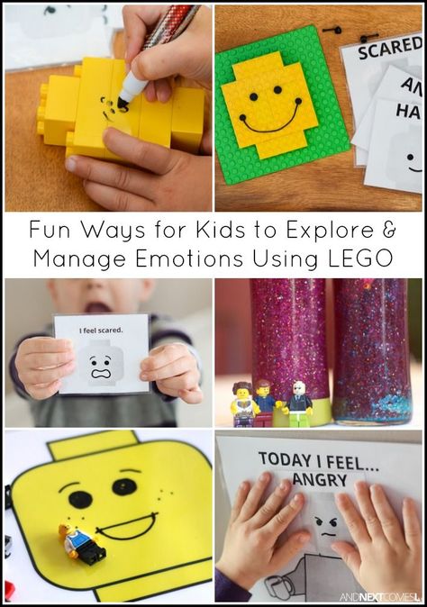 Fun ways for kids to explore and manage emotions using LEGO from And Next Comes L Lego Emotions, Emotions Activities For Kids, Lego Classroom Theme, Lego Therapy, Feelings Games, Manage Emotions, Calm Corner, Social Skills Lessons, Emotions Activities