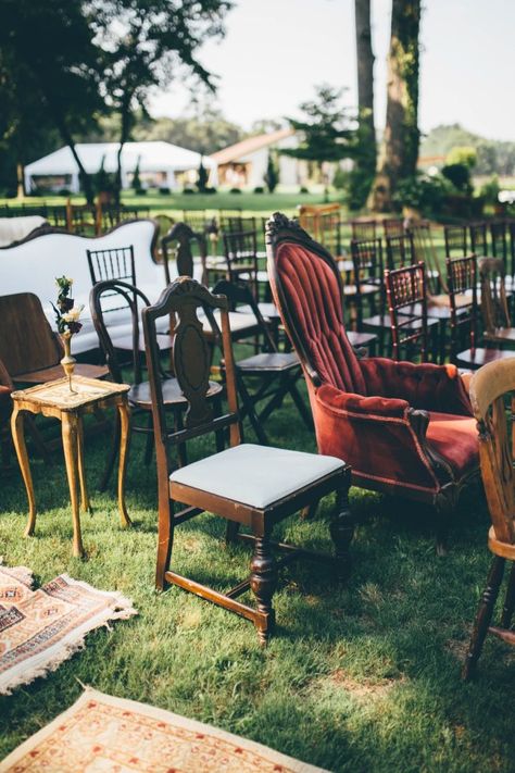 This Wedding at The Venue at Tryphena’s Garden Makes Antique Details Feel Totally New Vintage Wedding Isles, Thrifted Wedding Chairs, Vintage Chairs Wedding, Mismatched Wedding Chairs, Vintage Thrift Wedding, Bridgeton Wedding, Tables With Flowers, Vintage Wedding Seating, Appalachian Wedding